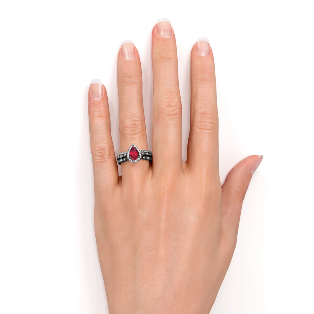 1.75 Carat Teardrop Vintage Simulated Ruby Trio Set in 18K Black Gold over Silver